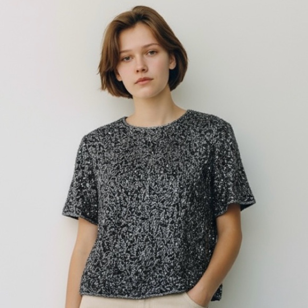 Adrianna Papell Silk Sparkling Beaded Black Short Sleeve Black Top